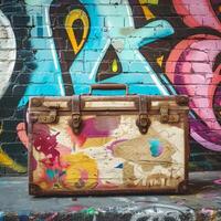 Luggage in front of graffiti wall photo