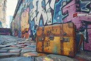 Luggage in front of graffiti wall photo