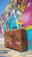 Luggage in front of colorful wall photo