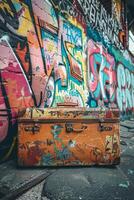 Luggage in front of graffiti-covered wall photo