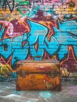 Luggage in front of graffiti covered wall photo