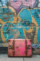 Pink suitcase in front of graffiti wall photo
