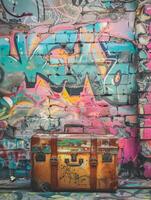 Two suitcases in front of graffiti wall photo