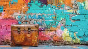 Luggage resting in front of colorful wall photo