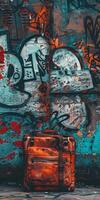 Luggage in front of graffiti wall photo
