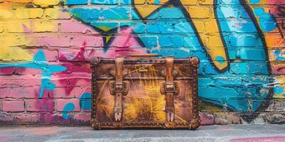 Luggage in front of graffiti covered wall photo