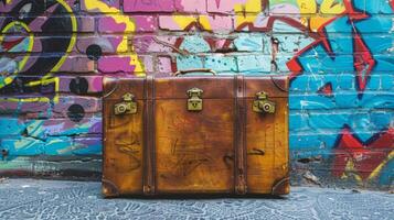 Brown suitcase in front of colorful wall photo
