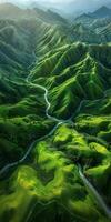 Aerial view of green hills and valleys photo