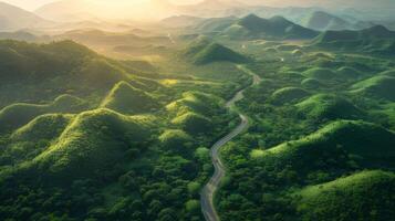 Aerial view of winding road in the mountains photo