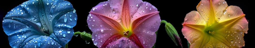 Three Different Colored Flowers With Water Droplets photo