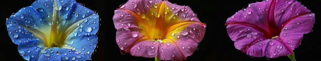Three Different Colored Flowers With Water Droplets photo