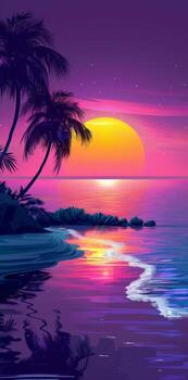 Sunset Over Ocean With Palm Trees photo