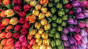 Multicolored Tulips Arranged in a Rainbow Pattern photo