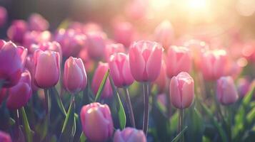 Field of Pink Tulips With Sun Background photo