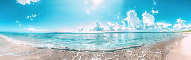 A Painting of a Beach Scene With Blue Sky and Clouds photo