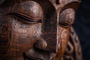 Close Up of a Wooden Statue of a Person photo