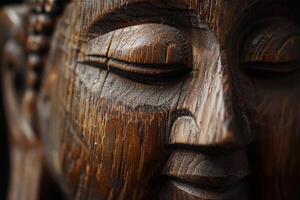 Close Up of Wooden Carving of Persons Face photo