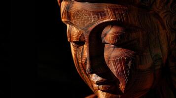 Close Up of a Wooden Statue of a Person photo