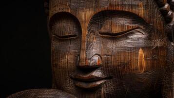 Close Up of a Wooden Statue of a Buddha photo
