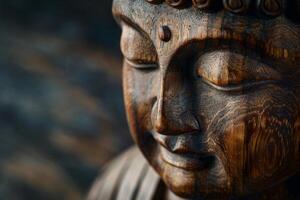 Close Up of a Wooden Statue of a Buddha photo