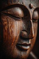 Close Up of a Wooden Carving of a Buddha Face photo