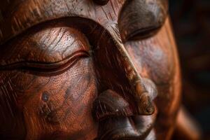Close Up of Wooden Statue of Persons Face photo