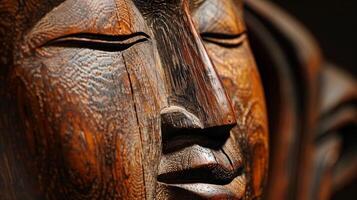 Close Up of Wooden Statue of Persons Face photo