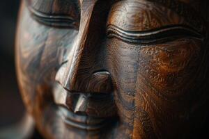 Close Up of Wooden Statue of Persons Face photo