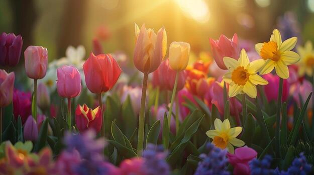vibrante campo de flores con Dom ajuste en antecedentes foto