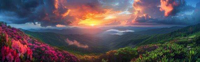 A Painting of a Sunset in the Mountains photo