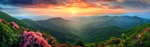 A Painting of a Sunset in the Mountains photo