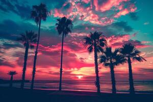 Palm Trees Silhouetted Against Colorful Sunset photo