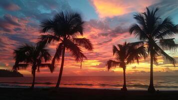 Palm Trees Silhouetted Against Colorful Sunset photo