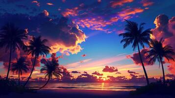 Stunning Sunset on Tropical Beach With Palm Trees photo