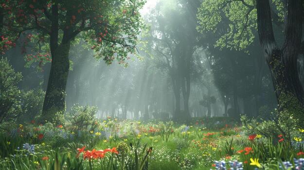 Lush Forest With Abundant Trees and Flowers photo
