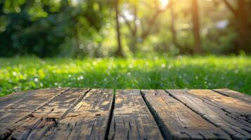 Wooden Table in Grassy Field photo