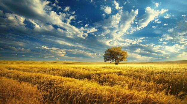 Lone Tree in Wheat Field Under Cloudy Sky photo