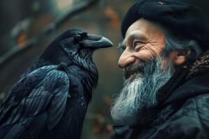 Bearded Man With Black Bird photo