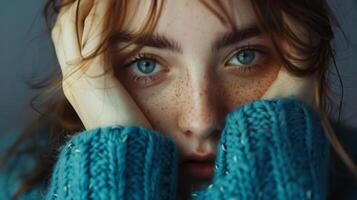 Close-Up of Person in Blue Sweater photo
