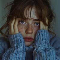 Woman with freckles in blue sweater touching face photo