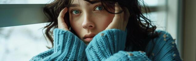 Woman in Blue Sweater Looking Out Window photo
