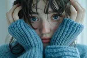 Close Up of Person in Blue Sweater photo