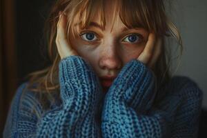 Woman in Blue Sweater With Hands to Face photo