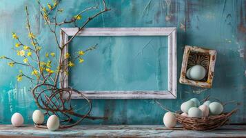 Eggs and Picture Frame on Table photo