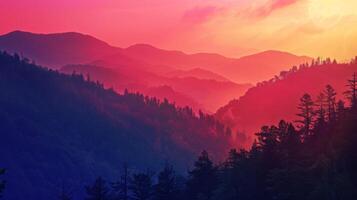 Colorful Sunset Over Mountain Range With Trees photo