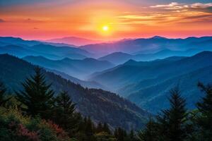 Sun Setting Over Mountain Range photo