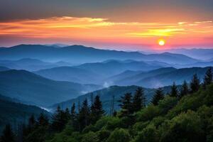 Sun Setting Over Mountain Range photo