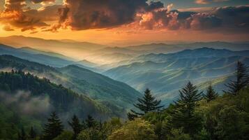 Sun Setting Over Mountain Range photo