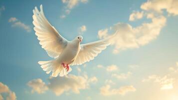 White Dove Soaring Through Blue Sky photo