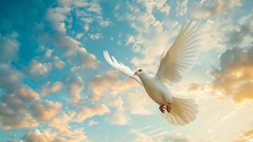 White Bird Flying Through Cloudy Blue Sky photo